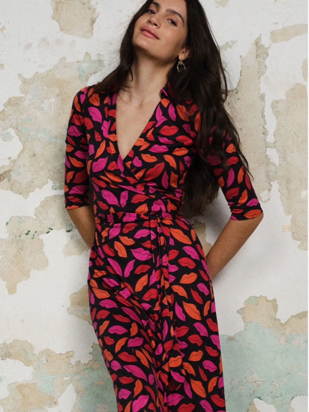 DVF Diane von Furstenberg Abigail Lips Silk Wrap Dress Midnight Kiss Multi 10